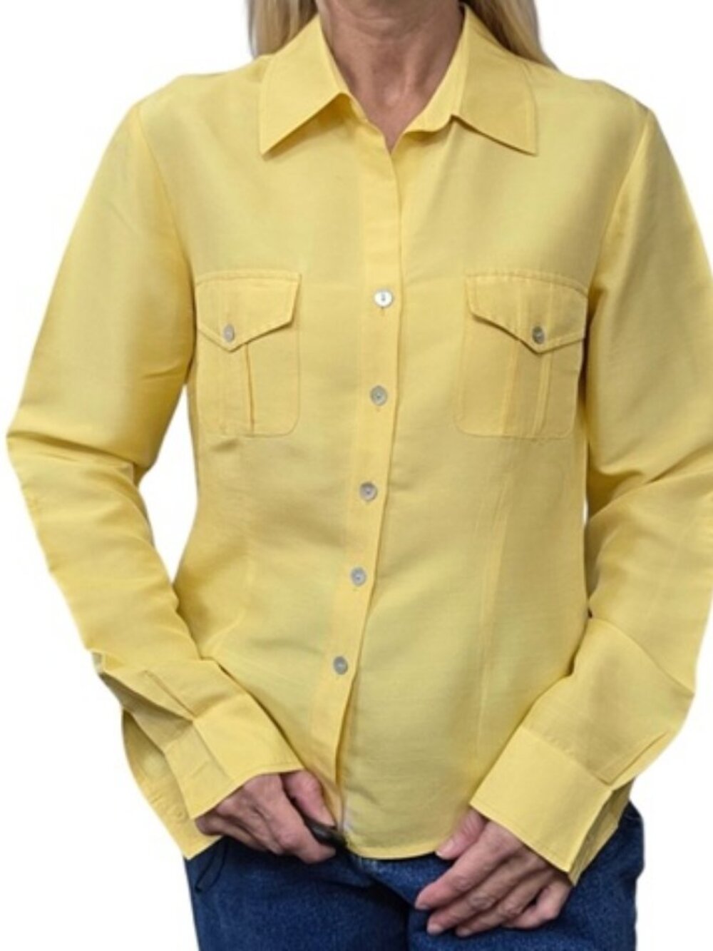 Vintage 90s S.L.B. 100% Silk Yellow Utility Button Up Shirt M